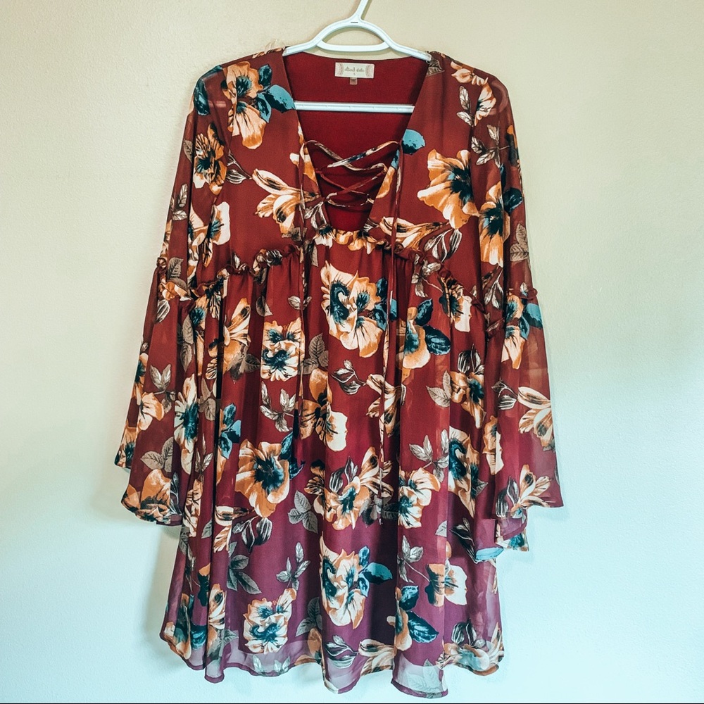NWOT Altar’d State maroon floral bell sleeve top